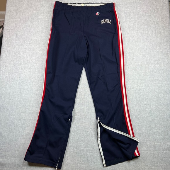 VTG 80s Champion Kansas Jayhawks Track Pants Men Large Nylon Navy College USA - Picture 1 of 13